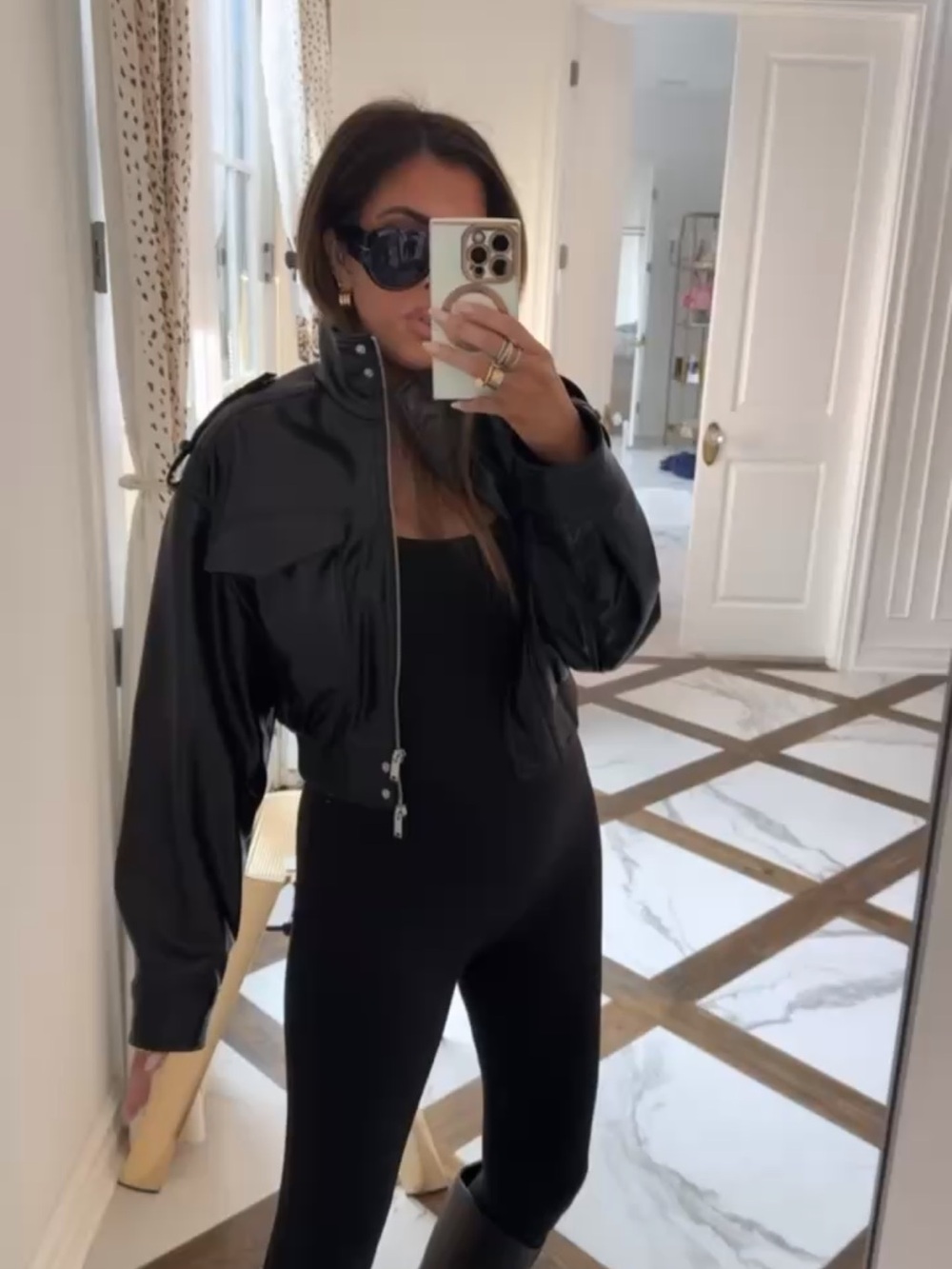 Zara Black Faux Leather Cropped Utility Jacket